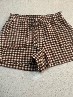 Versona Brown and White Gingham Elastic Waist Shorts
